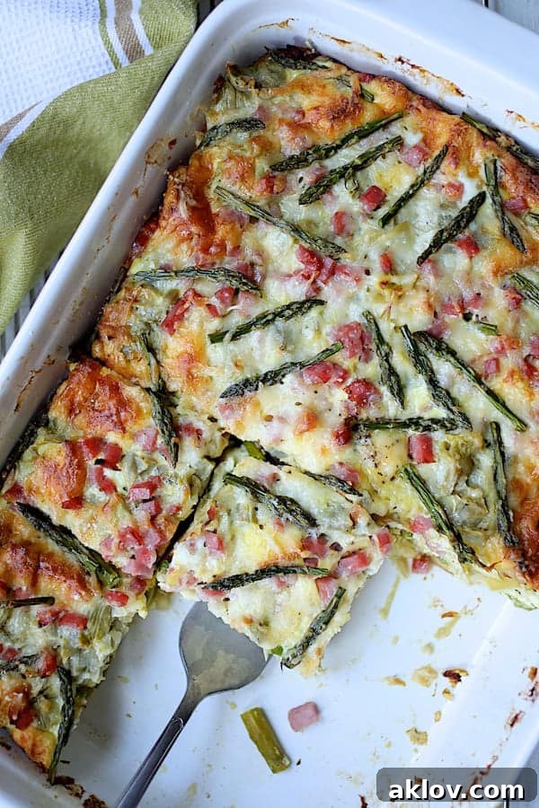 A freshly cut piece of Breakfast Strata with Asparagus, Artichokes, Ham and Gruyere being served from the baking dish with a fork.