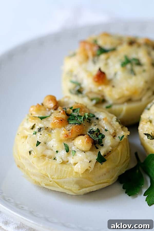 A single, perfectly baked Lemon Parmesan Stuffed Artichoke Bottom resting on a white plate, highlighting its texture and inviting appearance.