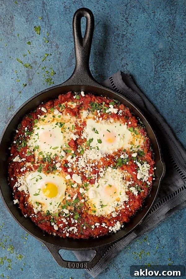The finished Shakshuka with Red Lentils and Feta Cheese, garnished with fresh parsley, bubbling in a cast iron skillet, ready to be served.