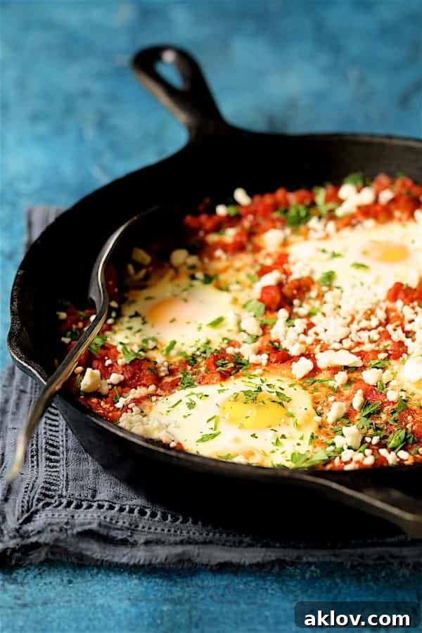 A close-up view of a portion of Shakshuka with Red Lentils and Feta Cheese in a cast iron pan, highlighting the rich texture and perfectly cooked egg.