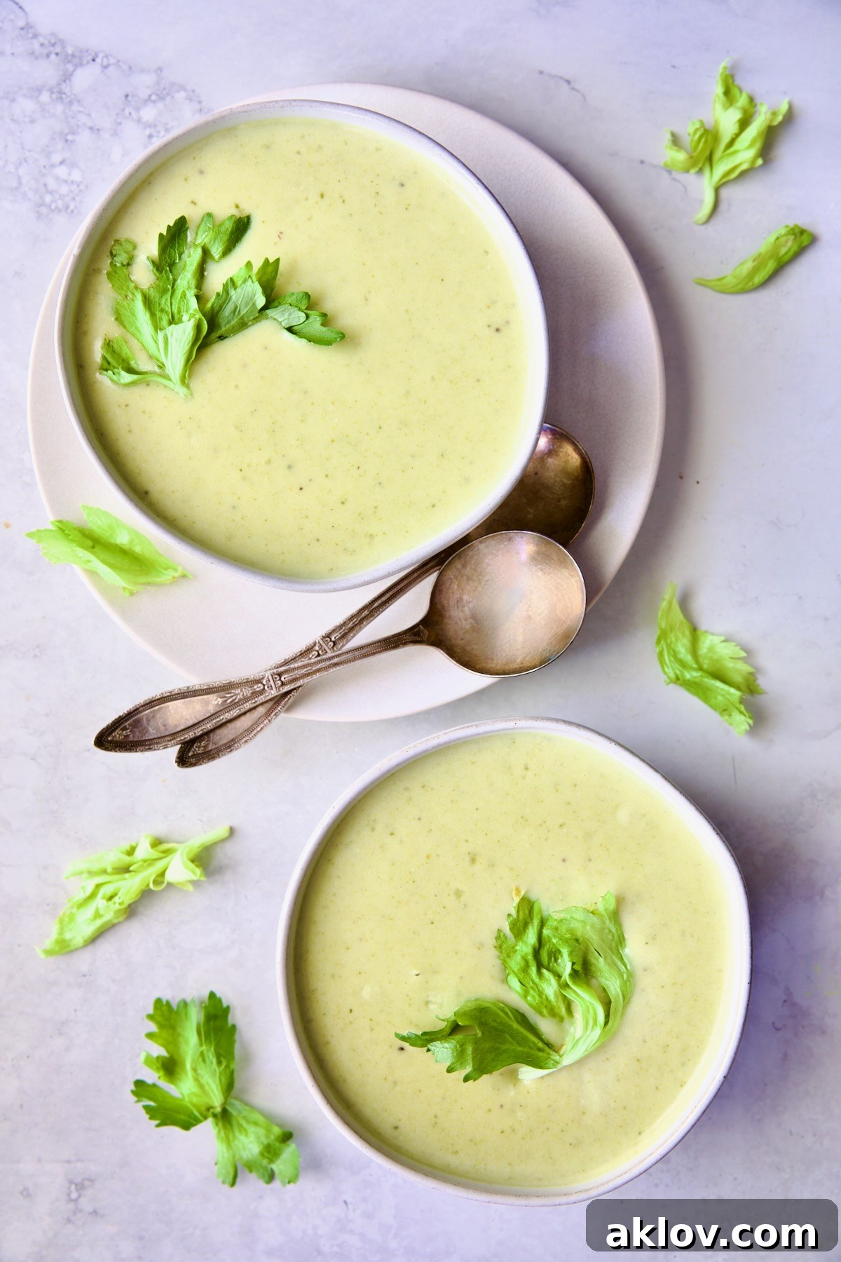 Two generous bowls of creamy celery leaf soup, beautifully presented and ready to be served.