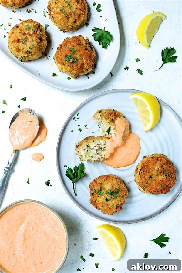 Golden Shrimp Cakes with Fire-Roasted Red Pepper Aioli 9 Shrimp Cakes with Roasted Red Bell Pepper Mayonnaise plated beautifully, with one cake cut in half to reveal its tender interior, garnished with fresh lemon wedges and parsley.