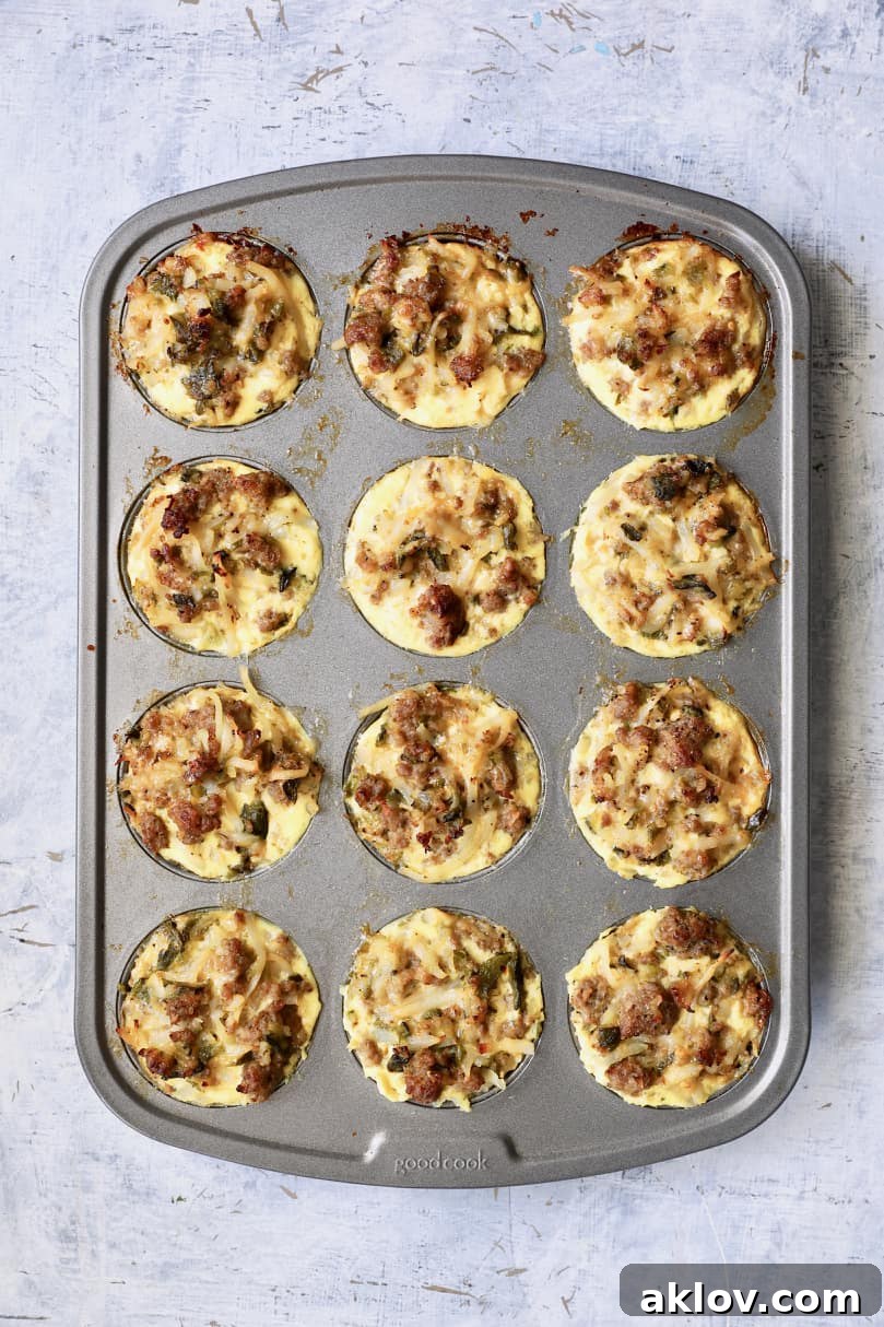 Photo of baked breakfast muffins still in the muffin pan, cooling down slightly after being removed from the oven.