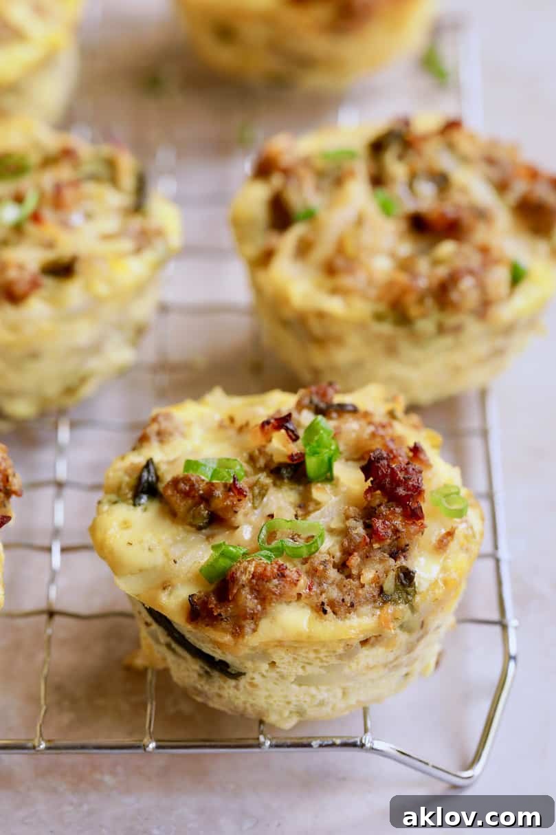 Close-up photo of beautifully baked Hash Brown Breakfast Muffins with Poblano Peppers and Gouda Cheese on a cooling rack, showcasing their golden tops and rich texture.
