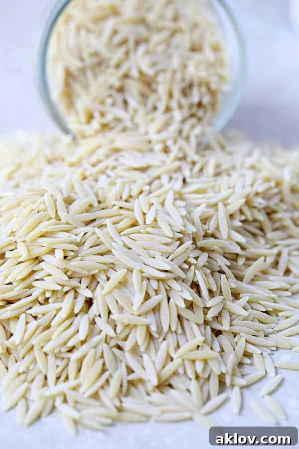 Close-up photo of uncooked orzo pasta spilling from a clear glass jar onto a surface, highlighting its distinctive rice-like shape.
