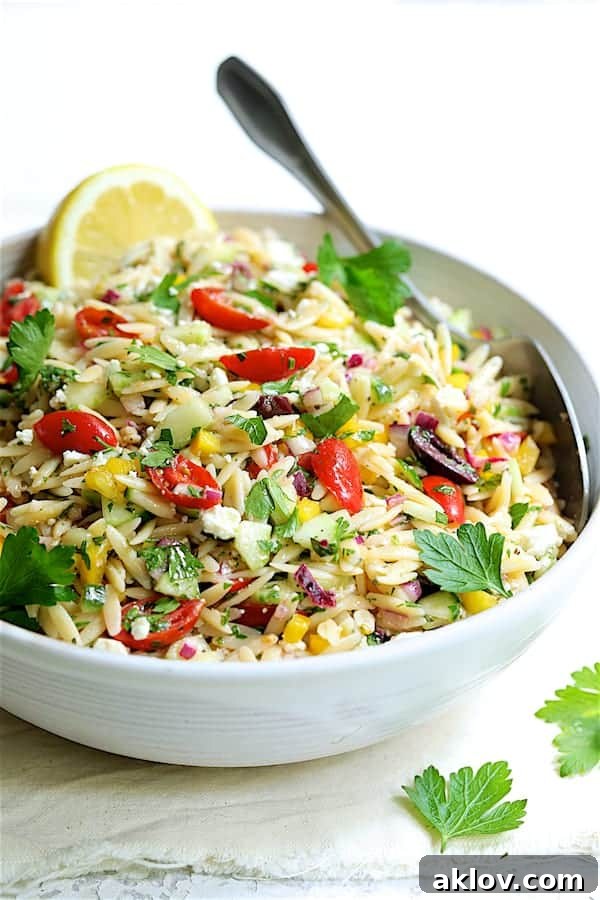 Close-up photo of Greek Orzo Pasta Salad served in a pristine white serving bowl with a silver serving spoon, highlighting the vibrant ingredients and appealing texture.