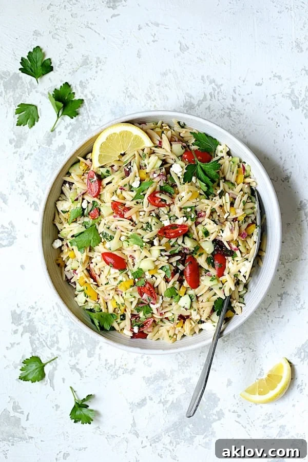 Overhead shot of Greek Orzo Pasta Salad presented in an elegant white serving bowl alongside a serving spoon, showcasing its freshness and colorful appeal.