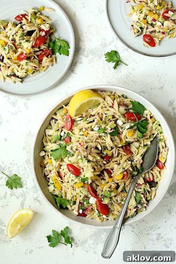 Greek Orzo Pasta Salad being carefully served from a large white bowl onto smaller, individual white plates, presented as a delicious meal.