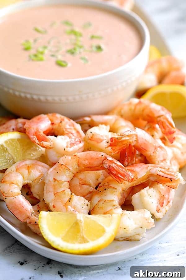 Close-up photo of Shrimp Cocktail Louis on white platter with sauce in the background.