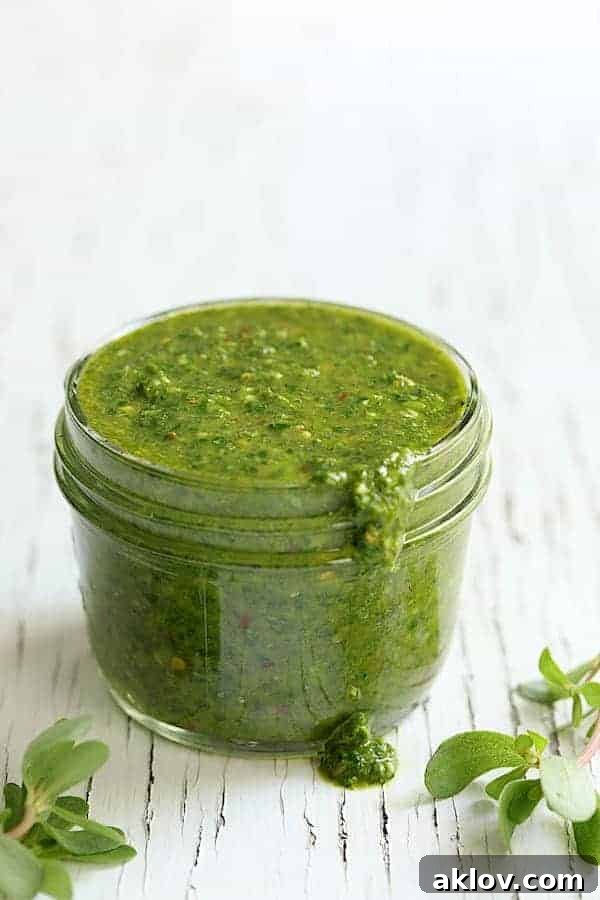Vibrant Purslane Chimichurri in a glass jar, with some spilling out onto a white background.