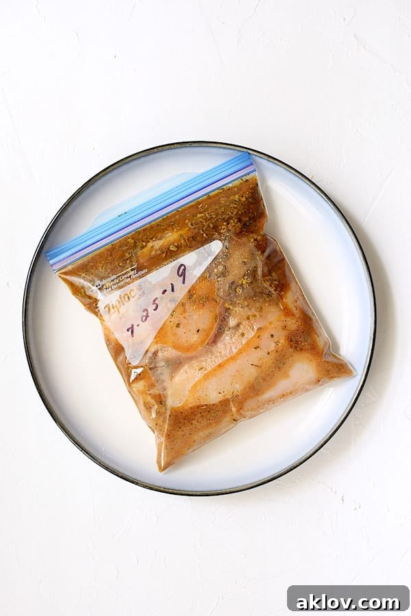 Photo of chicken in marinade in zipper-top bag on plate.