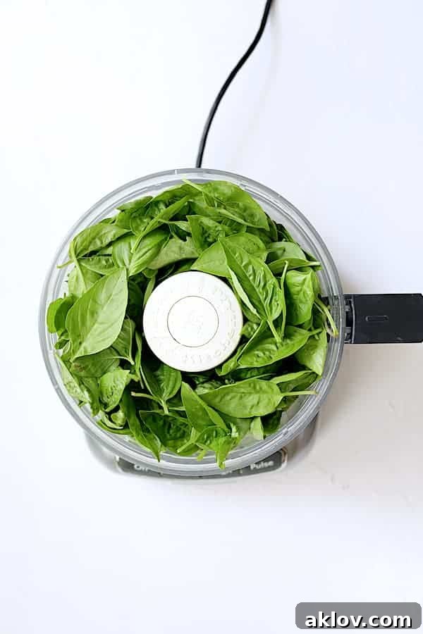 Photo of fresh basil leaves in food processor.