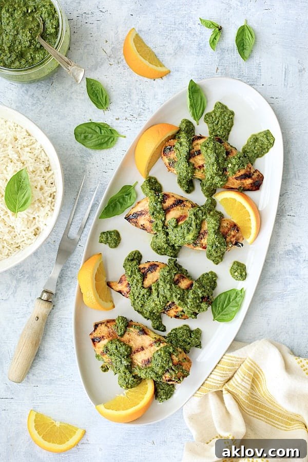 Photo of Grilled Citrus Chicken with Spicy Basil Chimichurri Sauce with rice included and serving fork.