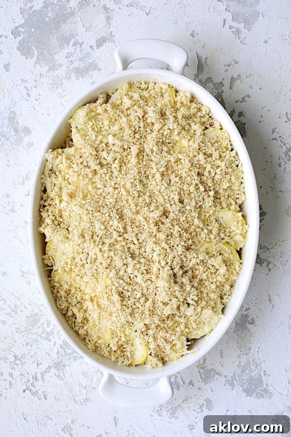 Photo of gratin with breadcrumb coating before being baking.