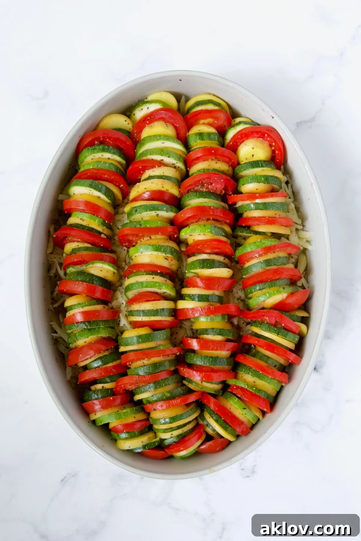 The full arrangement of tomatoes, zucchini, and Yukon Gold potatoes layered in the oval baking dish, ready for the oven.