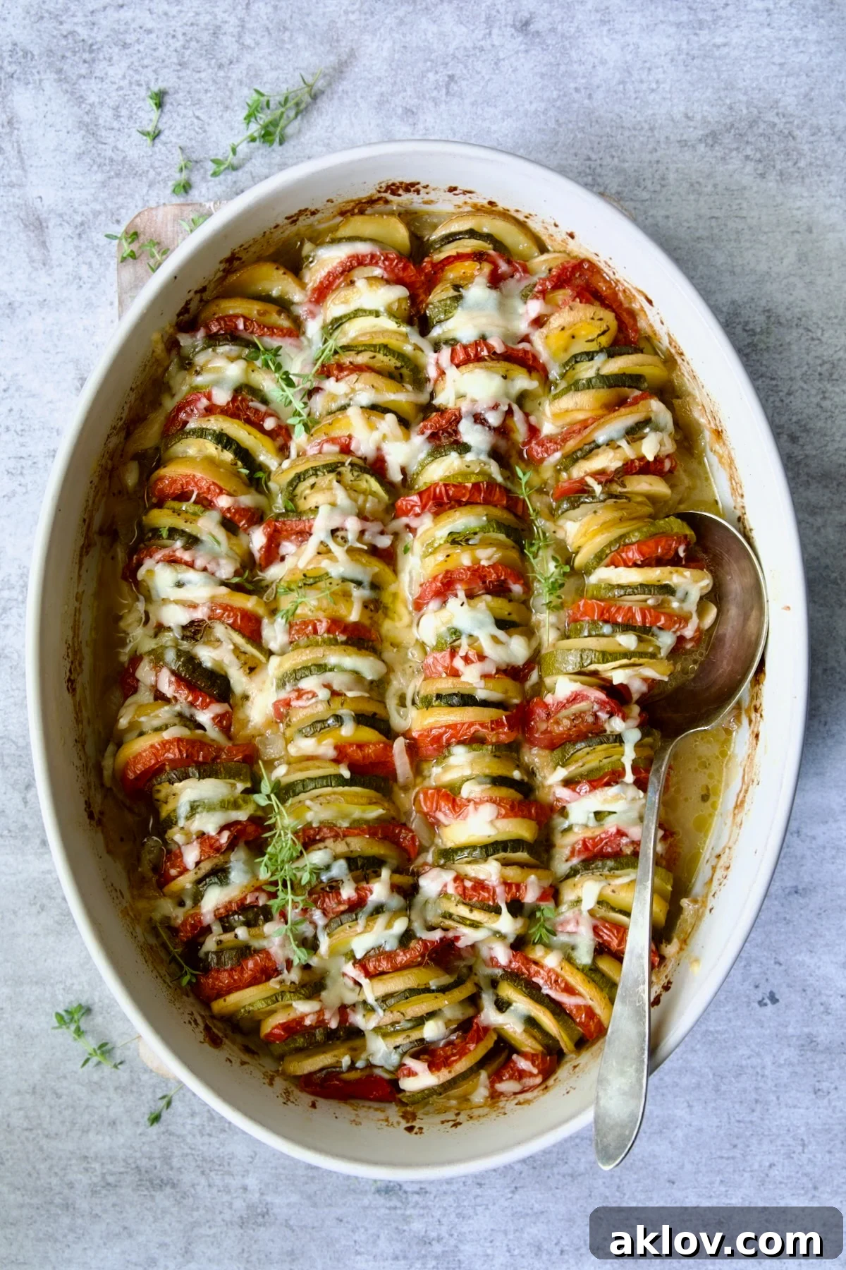 A glorious baked Vegetable Tian with perfectly melted, golden-brown cheese on top, ready to be enjoyed.