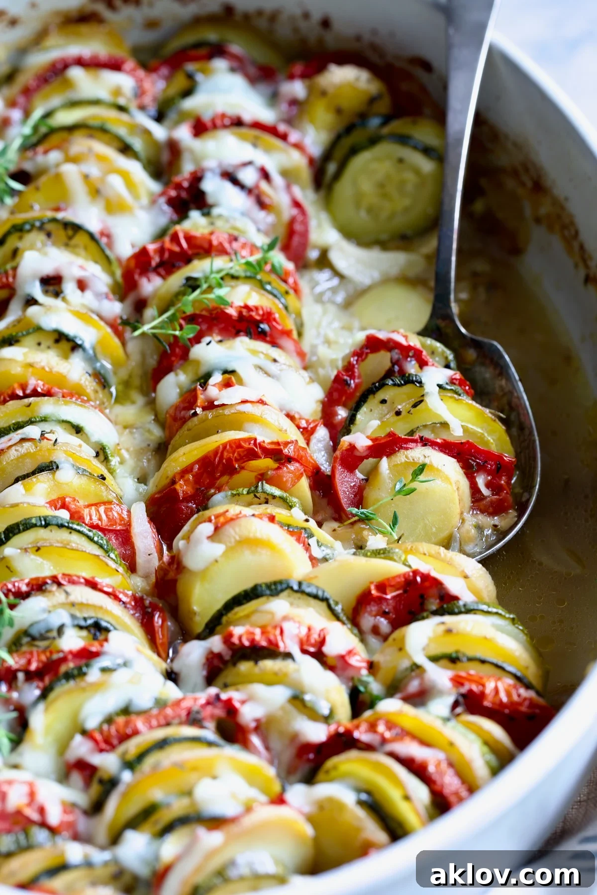 A full oval baking dish of Vegetable Tian, garnished with fresh herbs, ready for serving.
