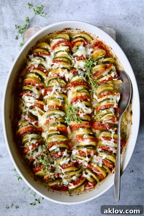 A beautifully arranged Vegetable Tian in an oval baking dish with a serving spoon and fresh thyme garnish.