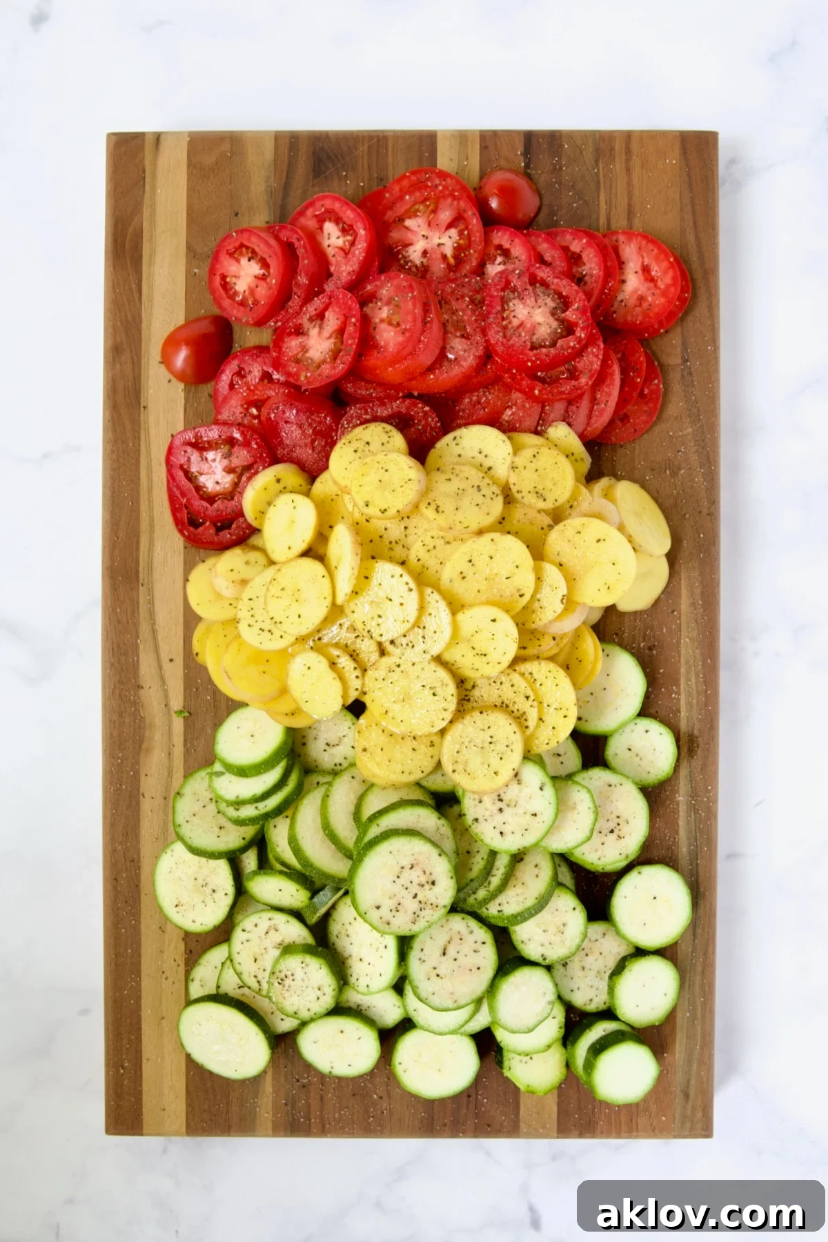 Neatly sliced tomatoes, Yukon Gold potatoes, and zucchini arranged on a wooden cutting board.