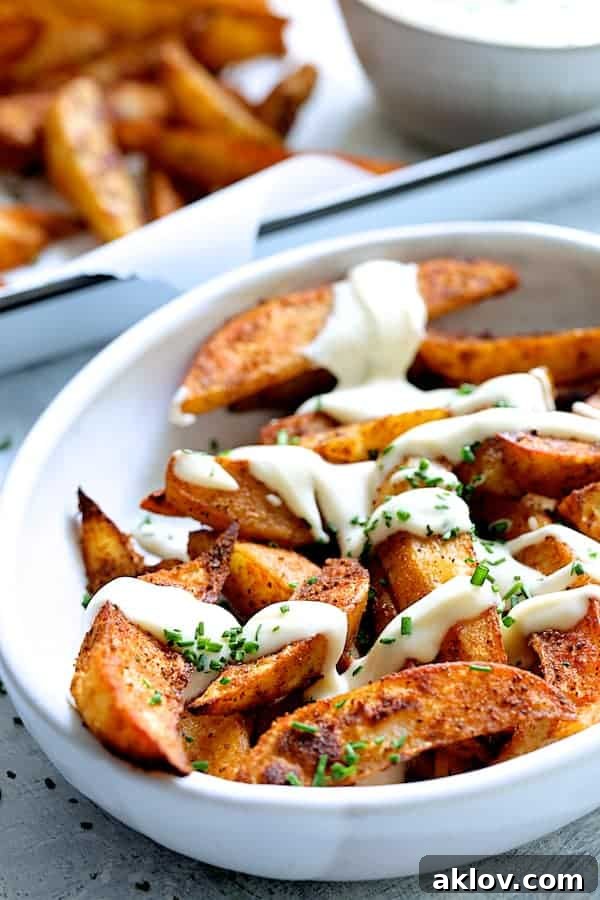 Crunchy Old Bay Wedges, Smothered in Vermont Cheddar 10 A close-up view of Old Bay Roasted Potato Wedges generously covered in Vermont Cheddar Cheese Sauce, served in a white bowl, highlighting the rich textures.