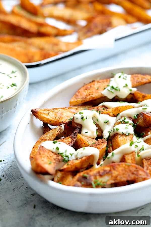 Crunchy Old Bay Wedges, Smothered in Vermont Cheddar 11 Old Bay Roasted Potato Wedges with Vermont Cheddar Cheese Sauce presented in a white serving dish, with luscious cheese sauce drizzled over the top, ready for serving.
