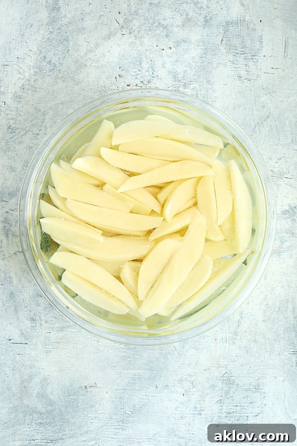 Crunchy Old Bay Wedges, Smothered in Vermont Cheddar 3 Uncooked potato wedges soaking in cold water in a clear glass bowl, a technique to enhance crispiness.