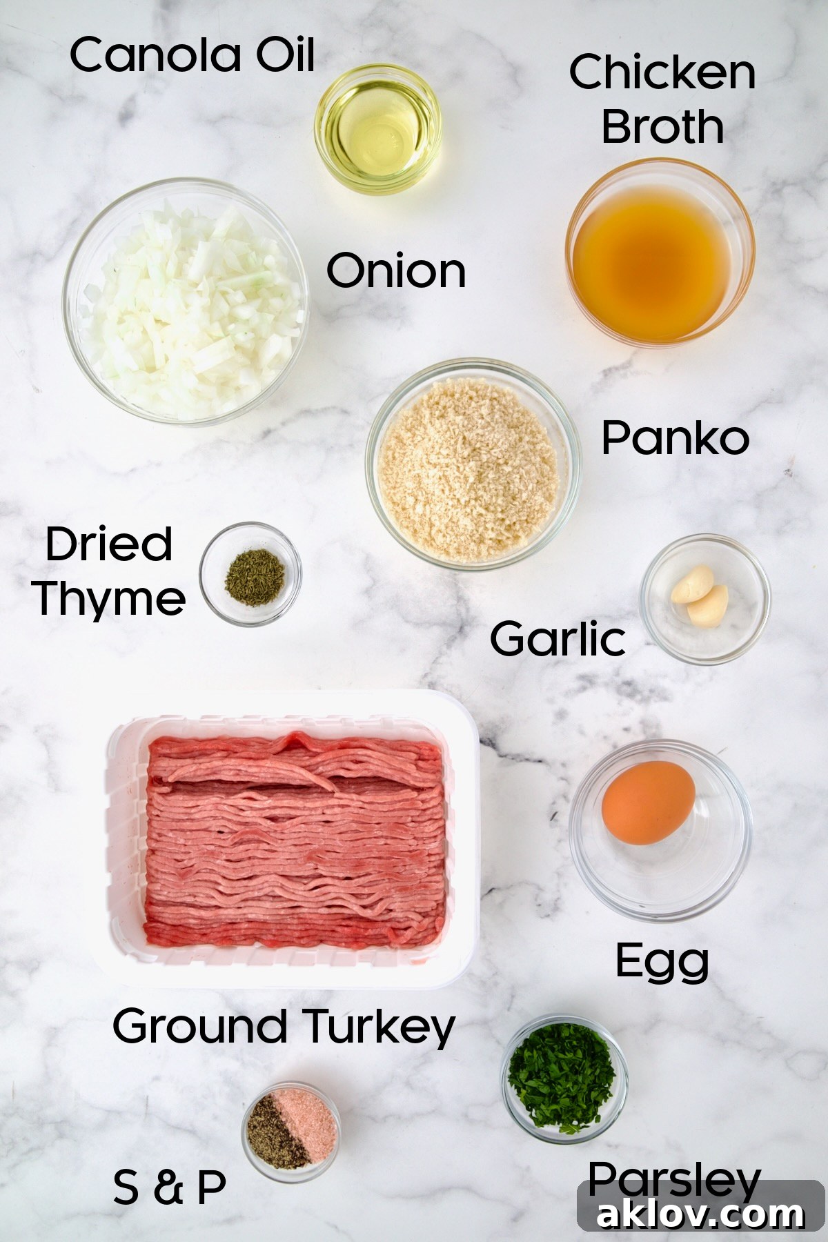 Golden Turkey Meatballs with Ale Glaze 4 Ingredients for turkey meatballs in glass bowls.