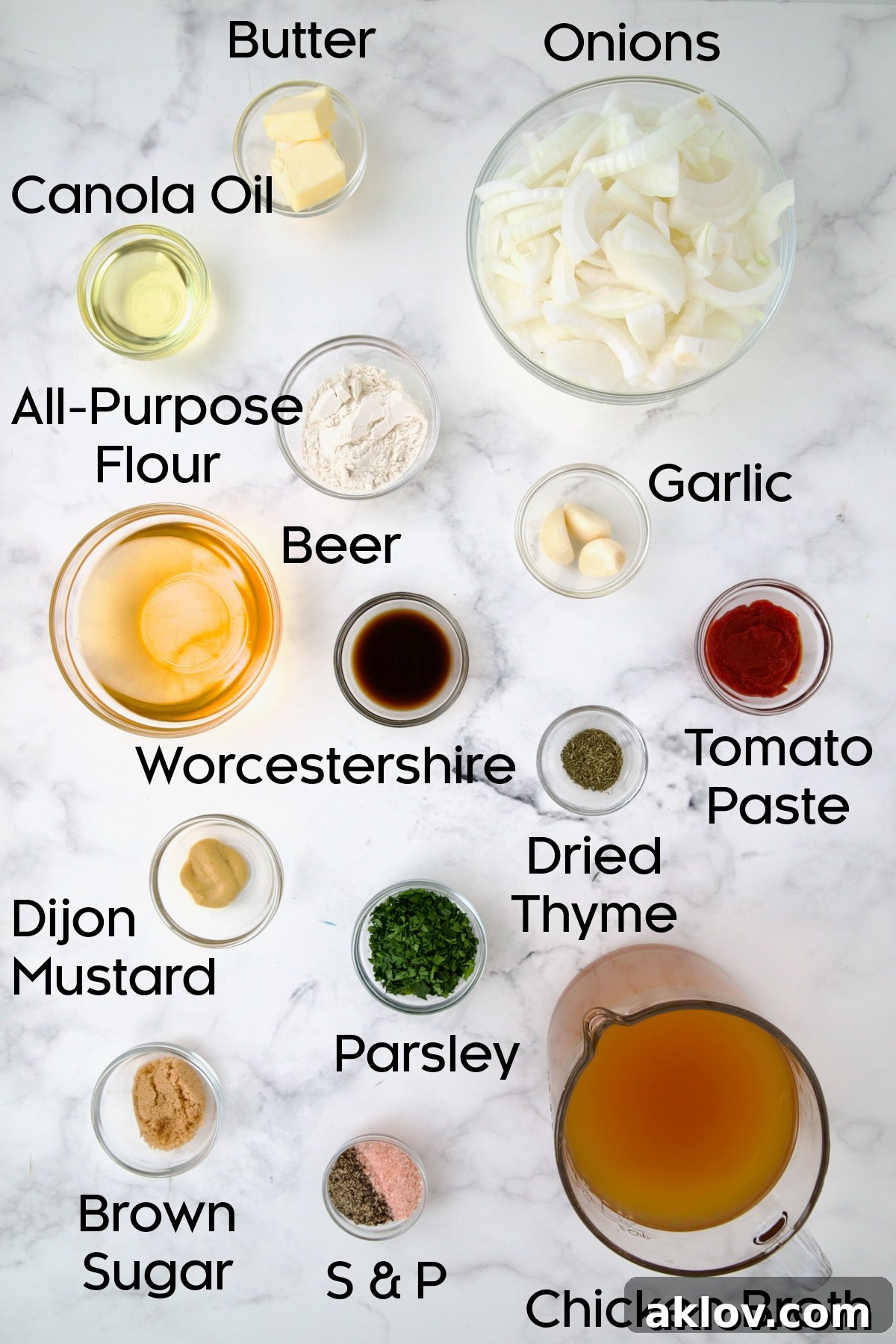 Golden Turkey Meatballs with Ale Glaze 5 Ingredients for Beer Onion Sauce in glass bowls.