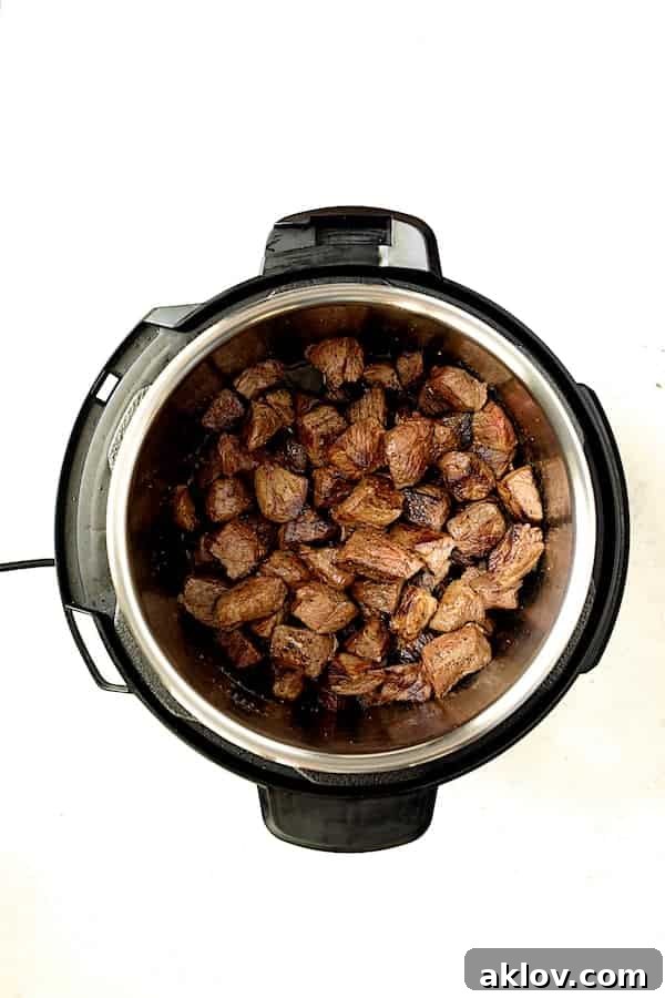 All browned beef cubes gathered in the Fissler Multi Pot, ready for the next steps of the Indian curry stew.