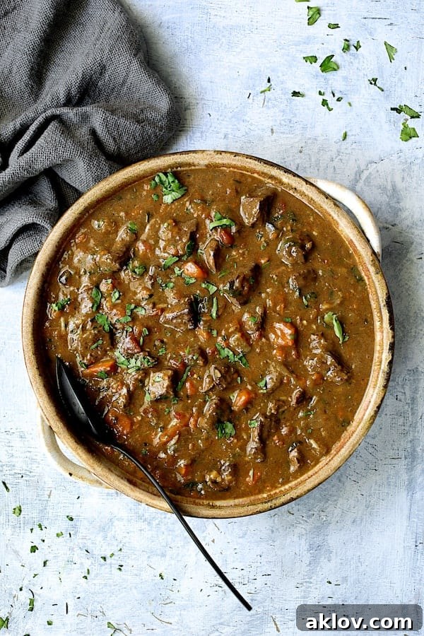 Photo of Pressure Cooker Indian Beef Curry Stew in a gray bowl on a pale blue background with a gray napkin, ready to be enjoyed.