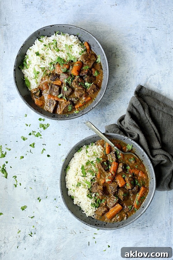 Photo of two servings of Pressure Cooker Indian Curry Beef Stew in gray bowls, garnished with fresh cilantro, against a pale blue background with a gray napkin.