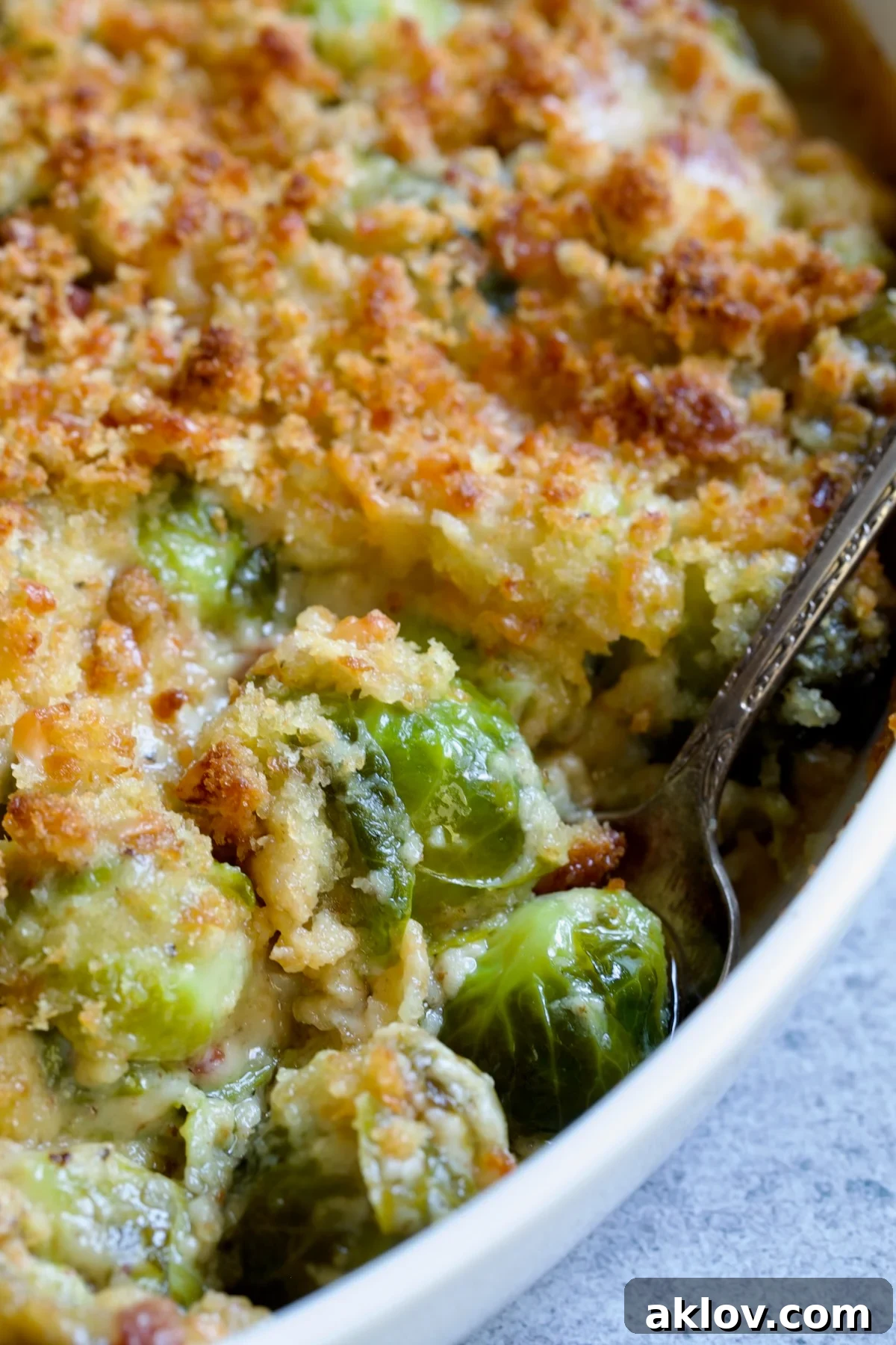 A close-up of a serving of Brussels Sprouts Gratin being scooped from an oval baking dish, revealing the tender sprouts and rich sauce.