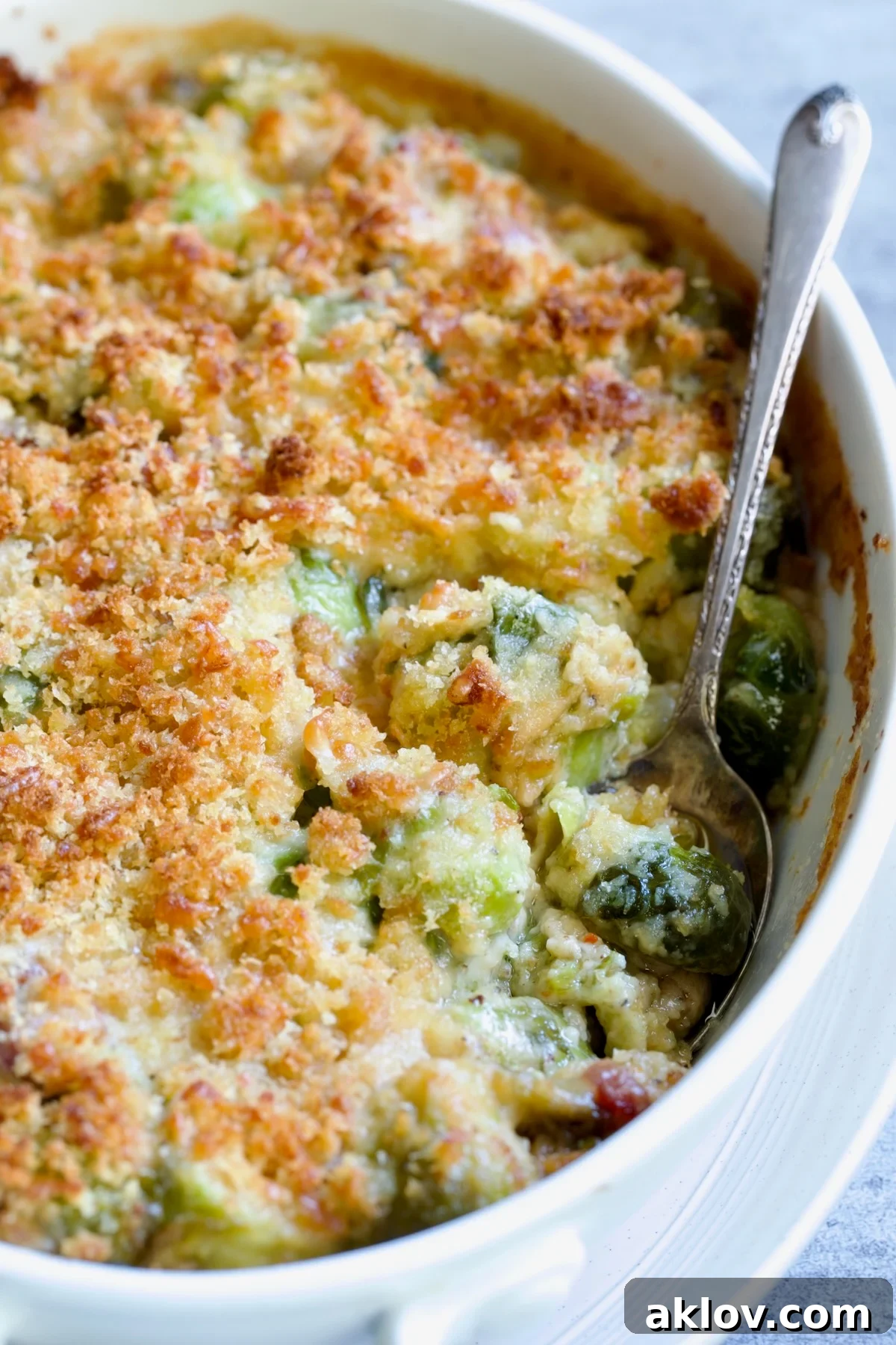 A close-up shot of Brussels Sprouts Gratin in an oval baking dish, showcasing the creamy texture and golden topping.
