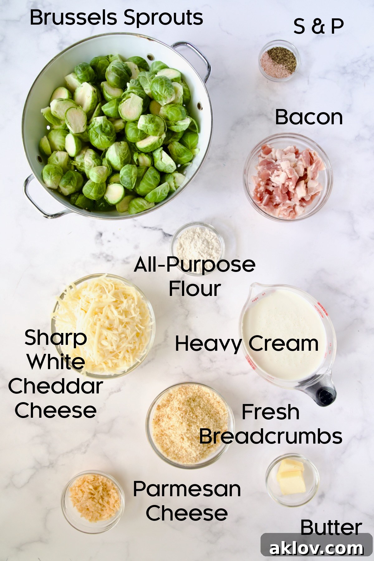 Ingredients for Brussels Sprouts Gratin in glass bowls.