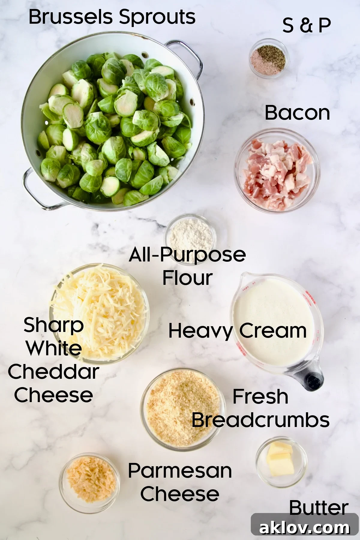 Various ingredients for Brussels Sprouts Gratin meticulously arranged in glass bowls, ready for preparation.