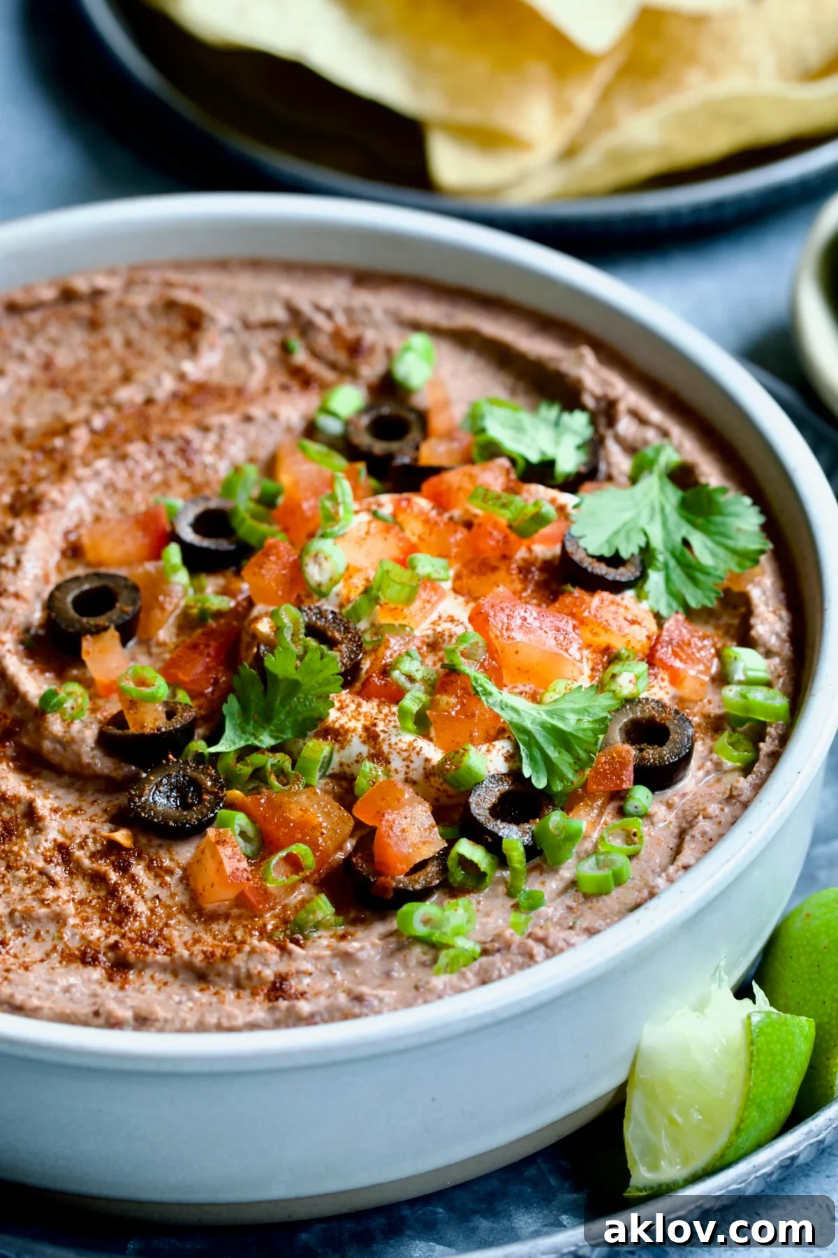 Zesty Black Bean Delight 3 Close-up shot of creamy Black Bean Dip in a white bowl, garnished with fresh cilantro and surrounded by golden tortilla chips.