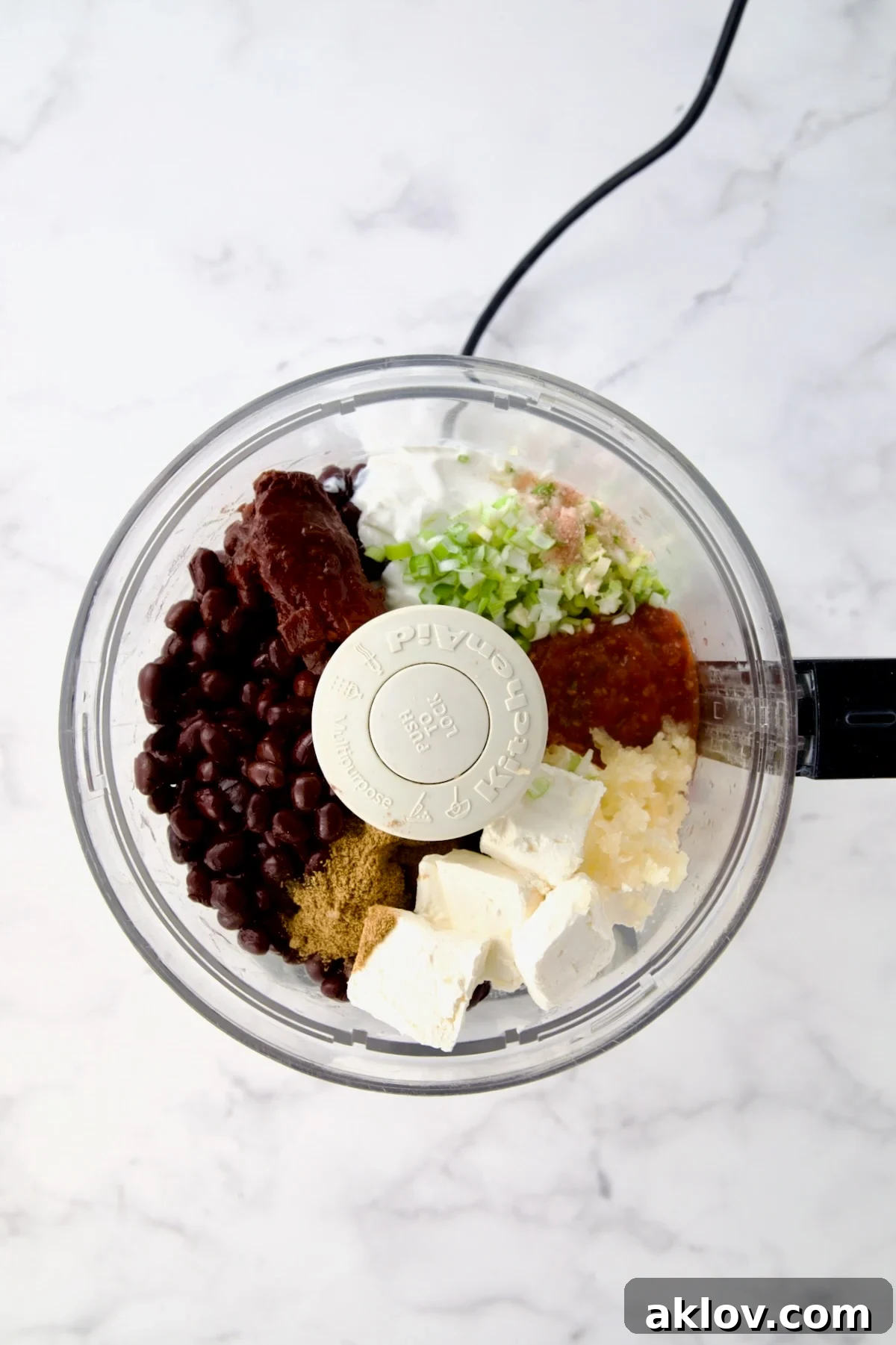 Zesty Black Bean Delight 5 All Black Bean Dip ingredients, including black beans, salsa, sour cream, cream cheese, chipotle, and spices, are assembled in a food processor bowl before blending.