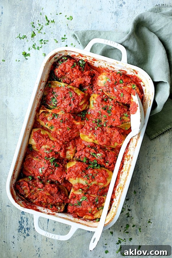 Overhead angled shot of baked stuffed cabbage rolls in the dish, lightly sprinkled with fresh parsley, ready to be served.
