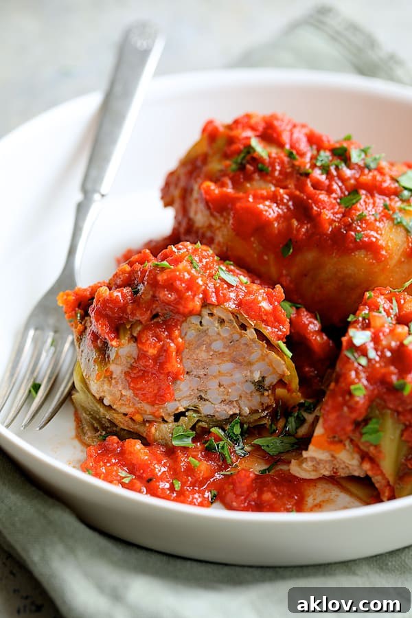 A close-up shot of baked Italian Stuffed Cabbage Rolls, with one neatly sliced to showcase the hearty meat and rice filling.