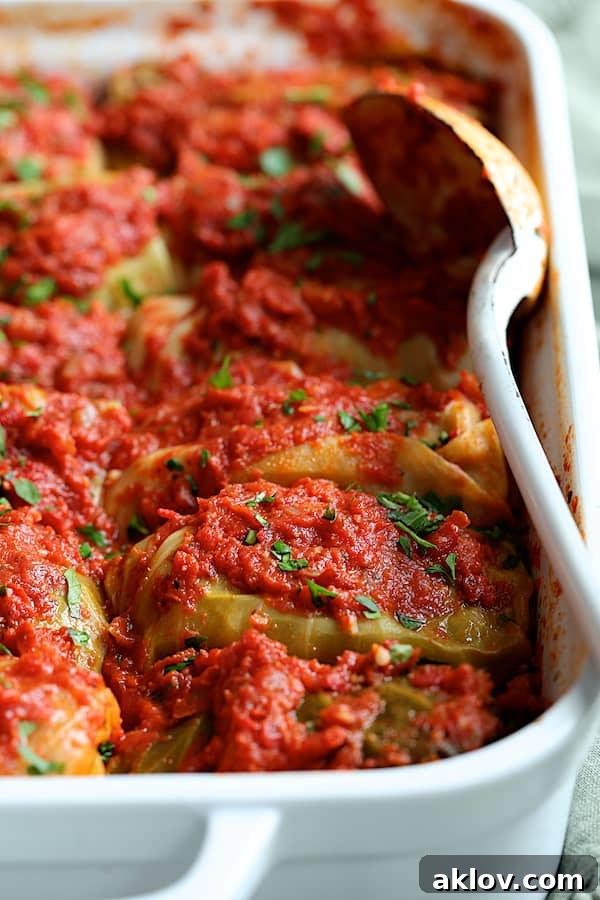 Spicy Italian Stuffed Cabbage - Straight-on shot of baked dish with a white serving spoon, showing the rich, bubbly sauce.