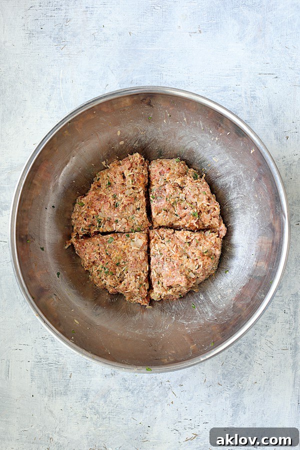Overhead shot of meat filling in a stainless steel bowl, neatly divided into four equal sections.