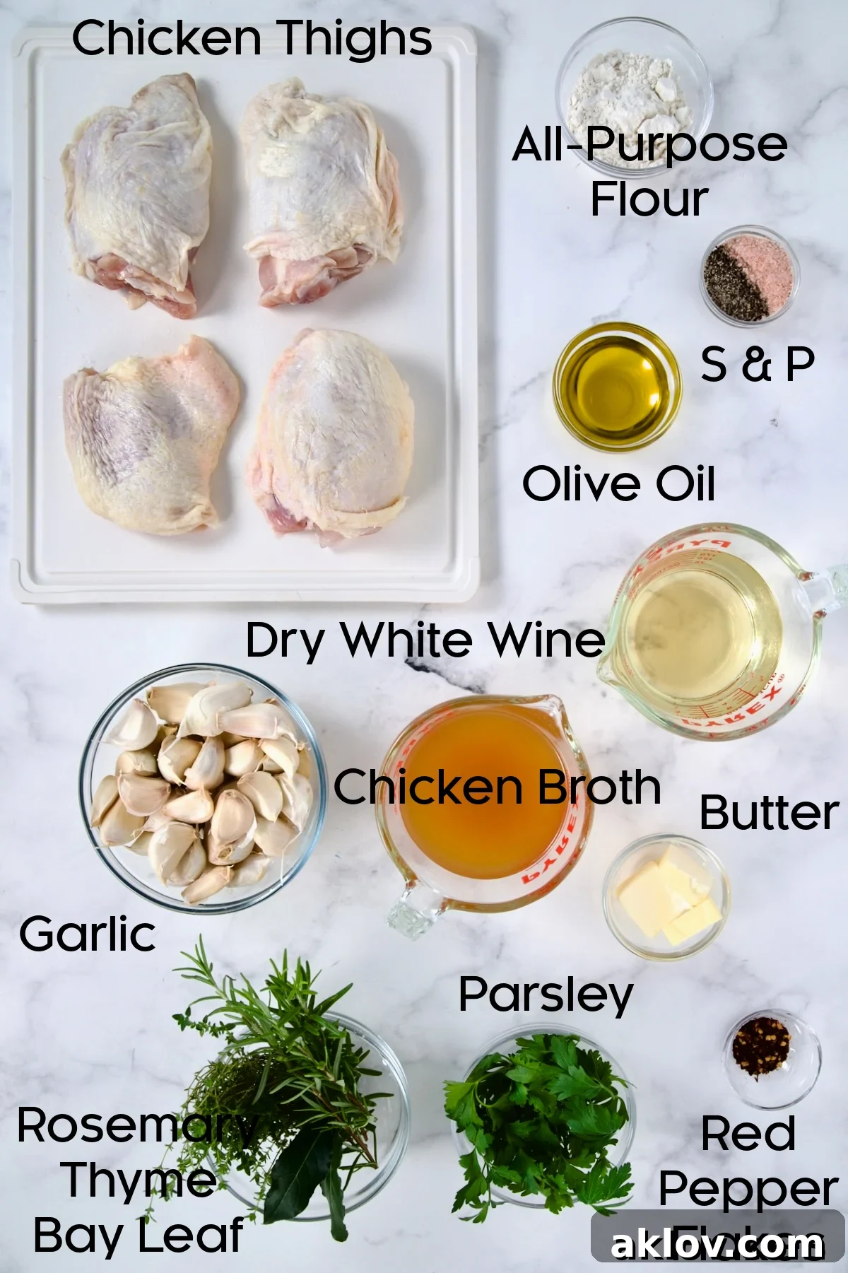 Ingredients for 40 Clove Garlic Chicken in glass bowls.
