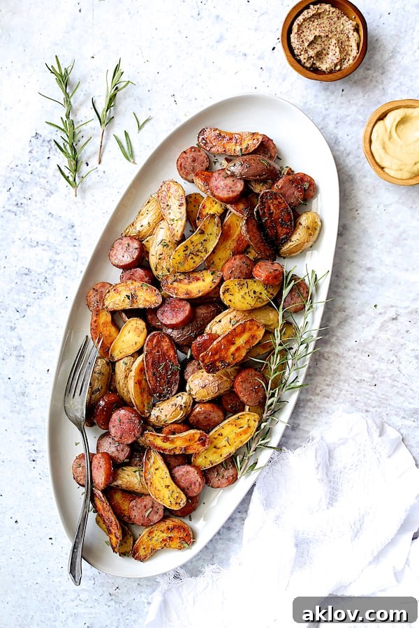 Close-up photo of golden-brown duck fat roasted fingerling potatoes, seasoned with rosemary, on a white oval platter, garnished with fresh rosemary sprigs.