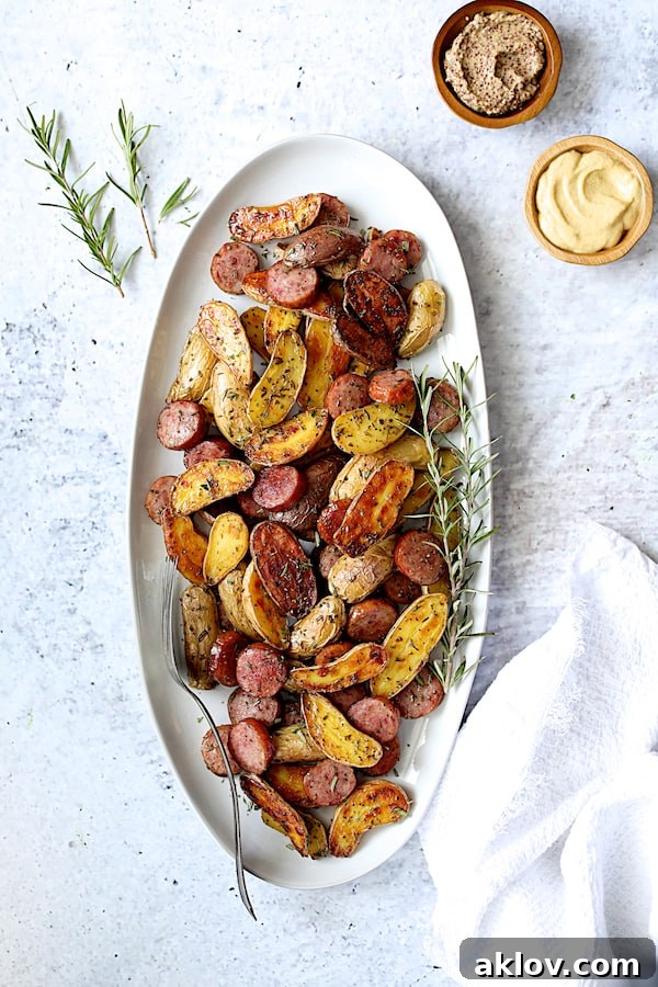 A full oval platter showcasing the Duck Fat and Rosemary Roasted Fingerling Potatoes with Sausage, artfully arranged and garnished with fresh rosemary sprigs, accompanied by small bowls of various mustards.