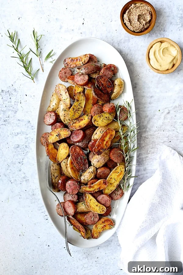 Elegant serving platter of Duck Fat and Rosemary Roasted Fingerling Potatoes with Sausage, accompanied by small bowls of Dijon and coarse-grain mustards, garnished with fresh rosemary.