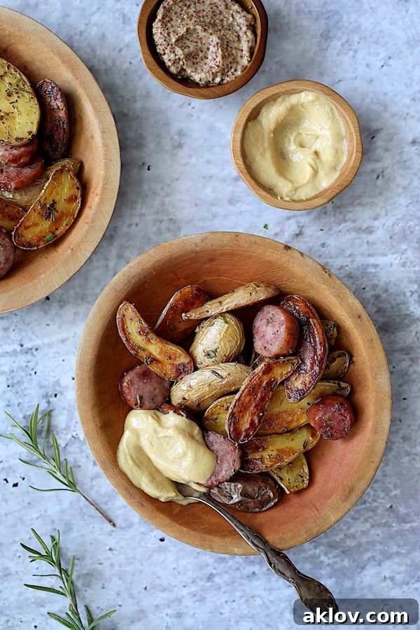Individual servings of Duck Fat and Rosemary Roasted Fingerling Potatoes with Sausage in round wooden bowls, each with a dollop of mustard.