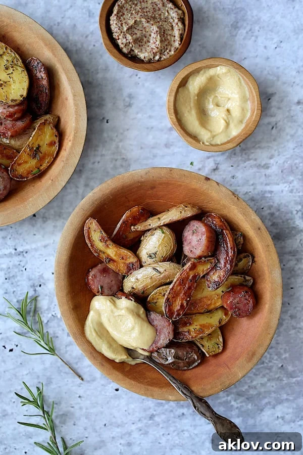 Close-up photo of Duck Fat and Rosemary Roasted Fingerling Potatoes with Sausage served in round wooden bowls, garnished with a dollop of mustard.