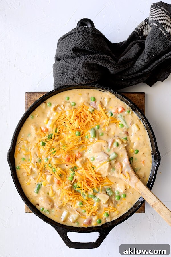 A wooden spoon stirring rich, cheesy chicken pot pie filling in a cast iron skillet, showcasing the melted cheese, tender chicken, and colorful vegetables.