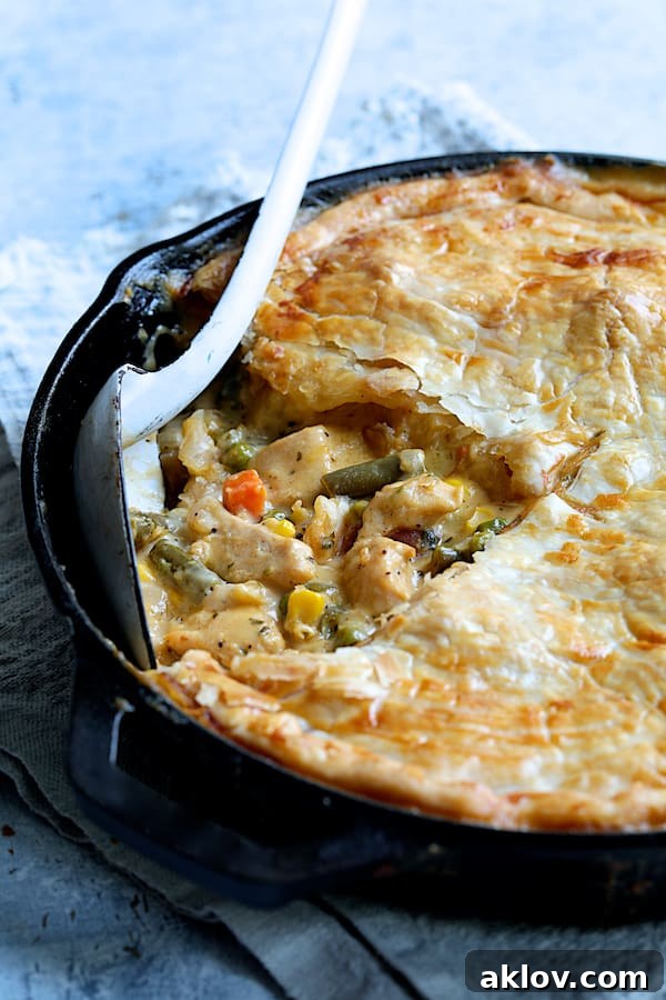 A close-up view of the irresistible Cheesy Skillet Chicken Pot Pie filling in a cast iron skillet, highlighting the tender chicken, vibrant vegetables, and melted cheese.