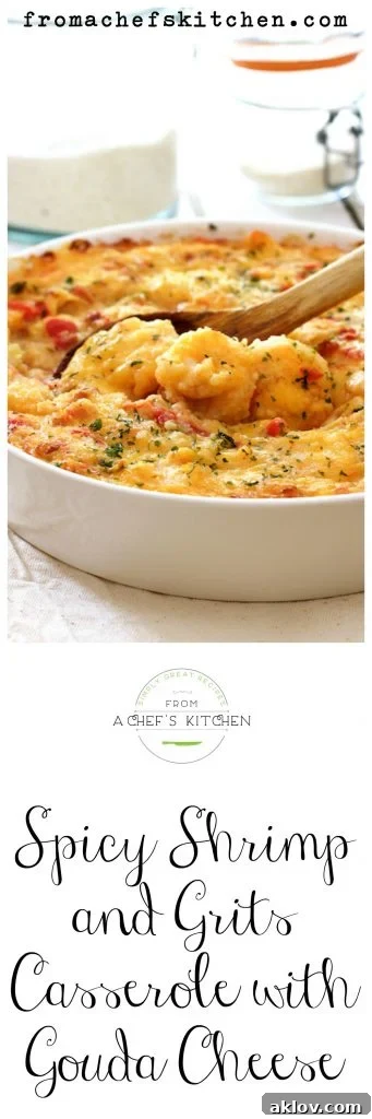 A Pinterest pin graphic for Spicy Shrimp and Grits Casserole with Gouda Cheese, designed for social media sharing.